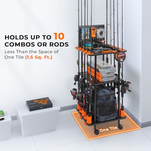 KastKing V10 Gear Trolley, Indoor Fishing Rod Holder for 10 Combos, 3-Tier Fishing Accessory Shelves With Peg Wall, Patent...