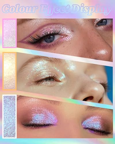 Glitter Holographic Eyeshadow Palette Multichrome Chameleon Face Highlighter, Sparkling Cream Color Shifting Single Eye Sh...