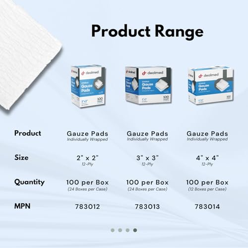 Dealmed 3’’ x 3’’ Sterile Gauze Pads (100 Count) Disposable and Individually Wrapped Medical Gauze Pads, Wound Care Produc...