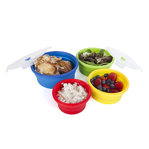 Thin Bins Collapsible Containers Set of 4 Round Silicone Food Storage Containers BPA Free, Microwave, Dishwasher and Freez...