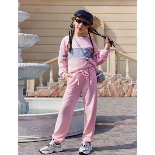 Arshiner Girls' Clothing Sets Sweatsuits Long Sleeve Color Block Pullover Sweatshirts and Lounge Pants with Pocket