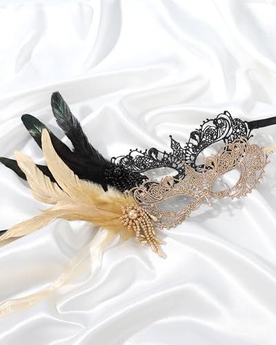 Zinniday Lace Masquerade Masks for Women - Elegant Venetian Mask 1920s 50s Antique Eyemask Feather Halloween Mask for Party