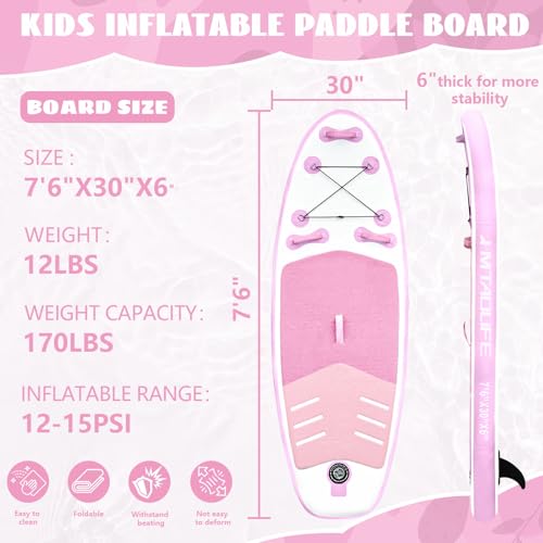 Kids Inflatable Stand Up Paddle Board, Kids Paddle Board with SUP Accessories, Anti-Slip EVA Deck, 7’6’’Child SUP for Kids...