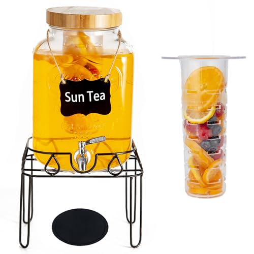 2 Gallon Glass Drink Dispenser with Stand and Bamboo Lid, Lemonade Dispenser with Stainless Steel Spigot, Glass Beverage D...