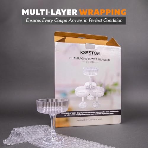 Ksestor ACRYLIC Champagne Tower - 7oz. Set of 21 Champagne Flutes Plastic - For Weddings & Parties - Plastic Coupe Glasses...