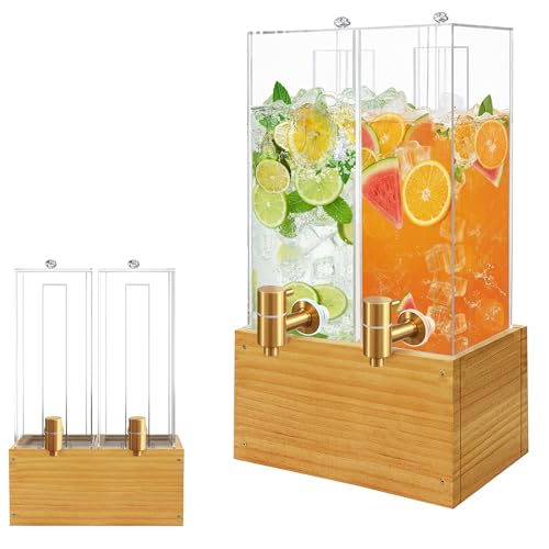 2 Pack 2 Gallon Drink Dispenser, Large Drink Dispenser with Wood Stand, Beverage Dispenser with Ice Core and Airtight Valv...