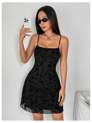 Verdusa Women's Mini Dress Floral Spaghetti Strap Mesh Dresses Going Out Festival Concert Outfits Grunge Gothic Clothes