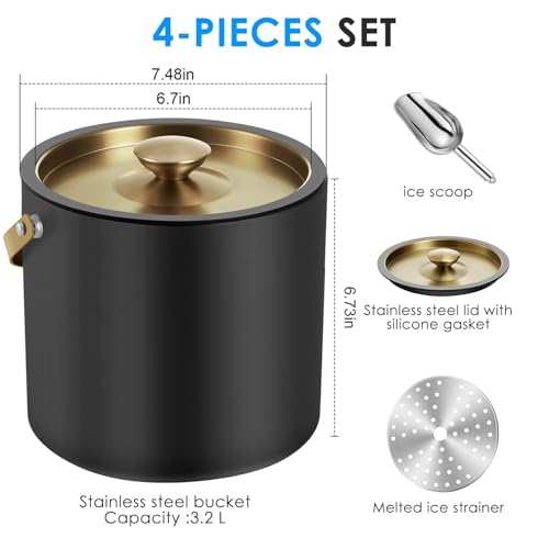 3.2L Insulated Ice Buckets for Parties, Elegant Double Wall Stainless Steel Champagne Buckets with Lid & Scoop,Ideal for C...