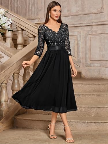 Miusol Women's Elegant V Neck Sequin Lace Sleeve Bridesmaid Party A-line Dress