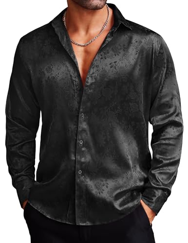 COOFANDY Men's Silk Satin Dress Shirts Jacquard Long Sleeve Floral Button Up Shirts Party Prom Wedding Shirt