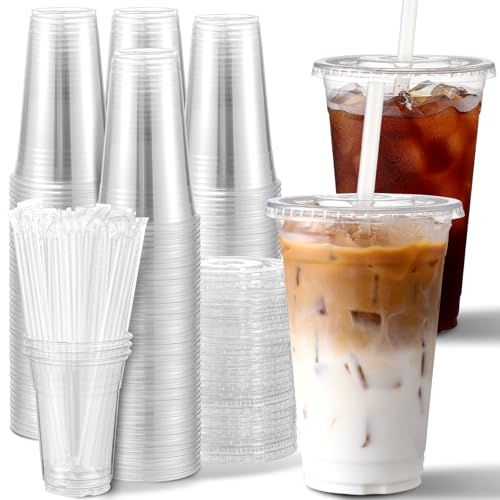 AOZITA [100 Sets] 16 oz Clear Plastic Cups With Lids and Straws, Disposable Cups With Lids for Iced Coffee, Smoothie, Milk...