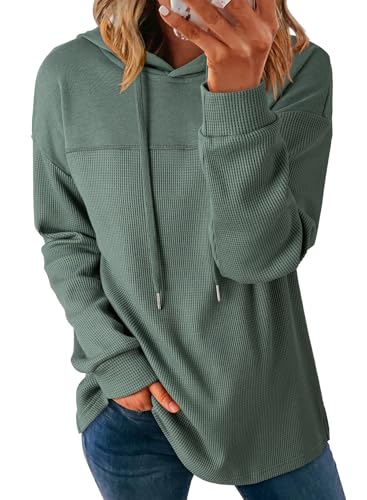 Dokotoo Womens Hoodies Casual Waffle Knit Long Sleeve Drawstring Pullover Sweatshirts Lightweight Hooded Tops