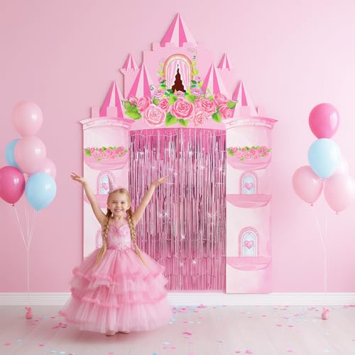 Bafeil Princess Birthday Party Decorations Supplies - Castle Door Porch Banner Backdrop and Pink Foil Fringe Curtains for ...
