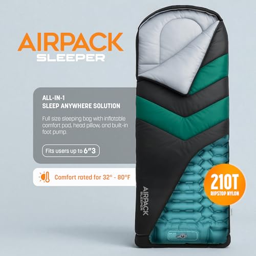 Rangland Sleeping Bag with Built-in Pad (AirPack Sleeper) - All-in-One Inflatable Sleeping Pad and Zip-Up Blanket for Camp...