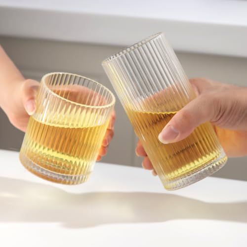 Lumkit Ribbed Drinking Glasses 8pcs, 12oz and 10oz Glassware, Tumbler Glasses Cup Set for Wedding, Party, Christmas Gift, ...