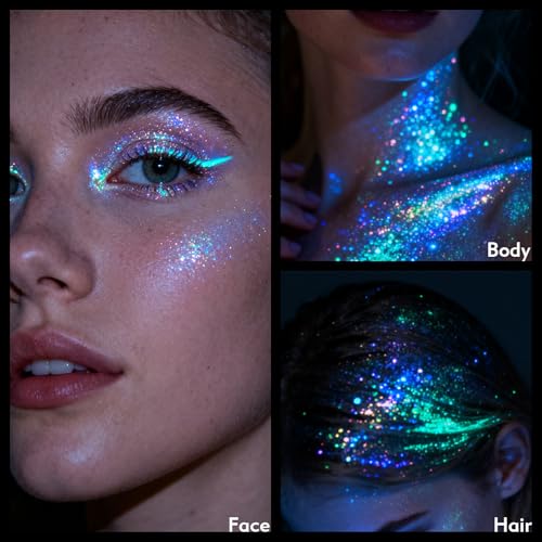 CNDNO 12 Colors Glow in The Dark Glitter Gel,Makeup Chunky Fine Glitter for Women, UV Black Light Body/Face/Hair/Eyeshadow...
