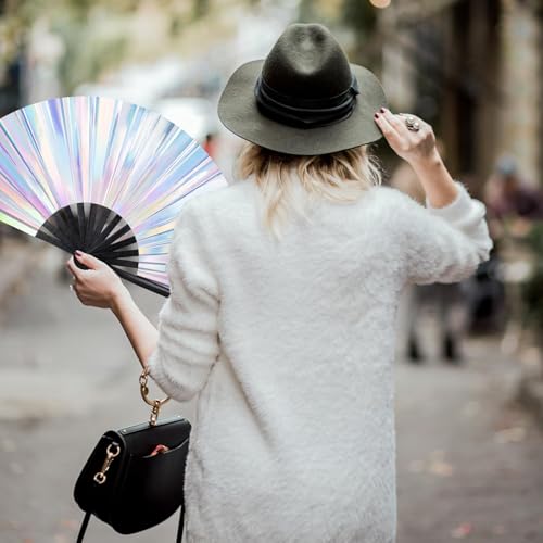 Folding Hand Fan, 13 Inch Glitter White Rave Decorative Hand Fans for Line Dancing Handheld Crafts for Festivals, Rainbow ...