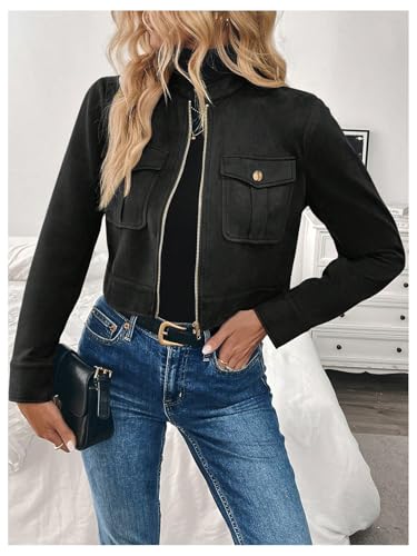 Verdusa Women's Zip Up Crop Spring Jackets Faux Suede Long Sleeve Motorcycle Cargo Jacket with Pockets