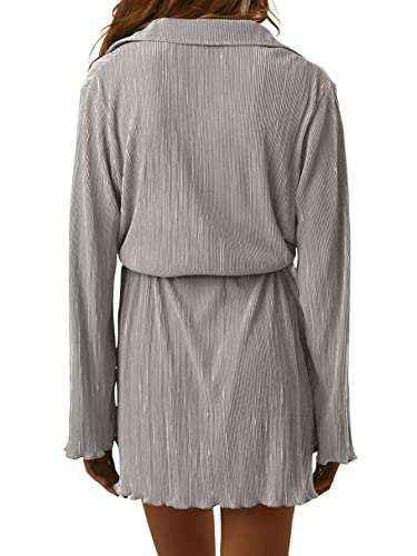 LYANER Women's Collar V Neck Button Down Pleated Long Sleeve Mini Shirt Dress with Belt