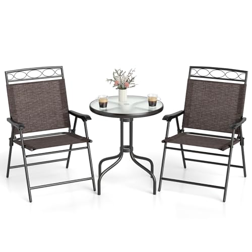 Goplus Bistro Table and Chairs Set of 2, Outdoor 3 Piece Patio Bistro Set with 1.57” Umbrella Hole, Tempered Glass Tableto...
