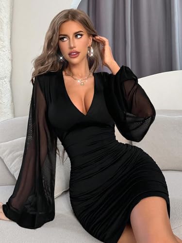 GothDark Women's Sexy V Neck Bodycon Dress Sheer Mesh Puff Sleeve Ruched Mini Dresses for Party Cocktail Club Night Out