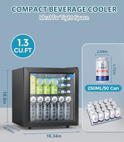 Electactic 50 Cans Beverage Refrigerator Cooler, 1.3 Cu.ft Mini Fridge Countertop Drink Cooler with Glass Door for Beer, S...