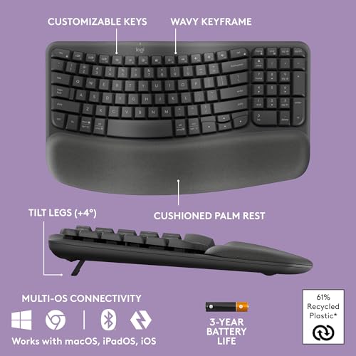 Logitech Wave Keys & Lift Vertical Mouse - Ergonomic Bundle — Wireless Keyboard with Cushioned Palm Rest & Vertical Wirele...