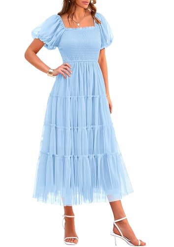 PRETTYGARDEN Women's Smocked Midi Tulle Dress 2026 Summer Puffy Short Sleeve Square Neck Ruffle Wedding Guest Party Dresses