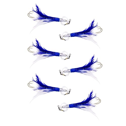 6” Sanhu Tackle Premium Tuna Feathers, 6 Pcs Blue/White Rigged, Saltwater Fishing Lures for Trolling