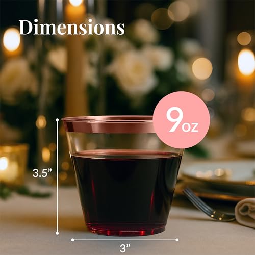 Prestee 200 Rose Gold Plastic Cups, 9oz – Elegant Hard Disposable Tumblers for Wine, Cocktails & Beverages – Clear Plastic...