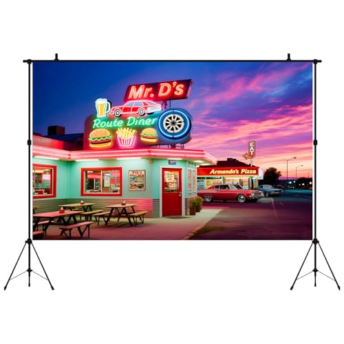 HANYING 50s Retro Dinner Backdrop Route 66 Night Cityscape Fast Food Store Photography Background Nostalgia Classic Car Vi...