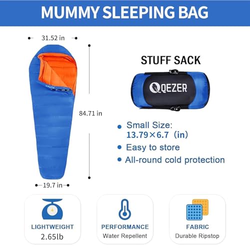 QEZER Down Sleeping Bag for Adults 0°F 10°F 15°F 20°F Backpacking Sleeping Bag for Cold Weather with Compression Sack