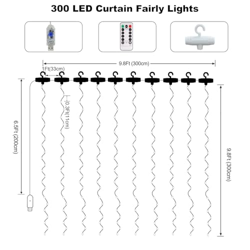 echosari Curtain Fairy Lights 300 LED Hanging Lights USB Powered Copper Curtain String Lights 9.8Ft x 9.8Ft for Wall Chris...