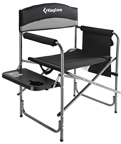KingCamp Camping Foldable Padded Director Arm Chair with Side Table and Pocket, Grey