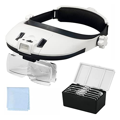 AmsOpto Large Lens Head Magnifier Headband Magnifying Glass with Light Hands free 8 LED Magnifier with White and Yellow Li...