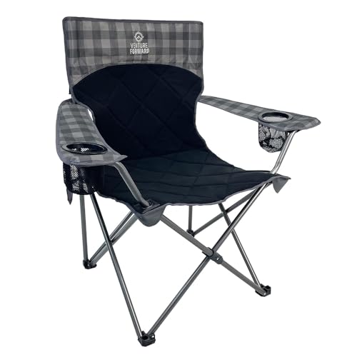Venture Forward Quilted Quad Camping Chair with Carry Bag – Padded Folding Outdoor Chair with Armrests & Built-in Cup Hold...