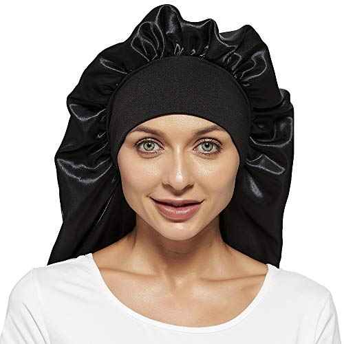 2 Pcs Hair Bonnets for Women Satin, Soft Elastic Band Silky Sleeping Cap Big Bonnets for Women Comfortable Bonnet for Braids(Black+Purple)