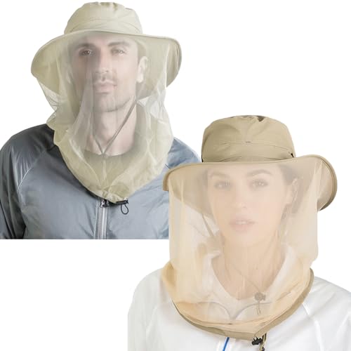 Peicees 2Pcs Head Net Hats for Men Women Adventure Fishing Hat Safari Hat for Hunting Camping Hiking, Beige and Khaki