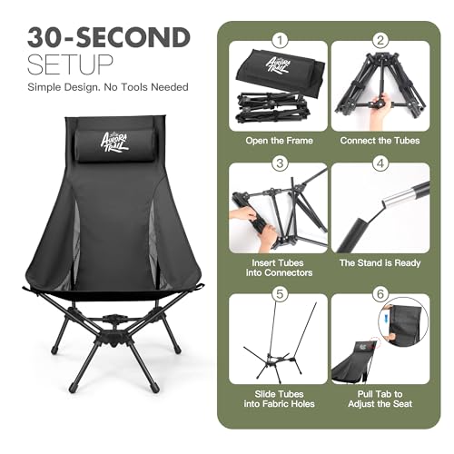 AuroraTrail High Back Folding Camping Chair with Pillow – Lightweight Portable Outdoor Chair with Cup Holder & Carry Bag, ...