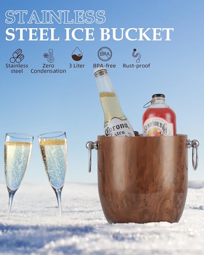 Golden Cudgel Insulated Ice Bucket, 3L Double Wall Stainless Steel Ice Bucket with Tongs,Lid, Scoop and Strainer, Ice Buck...