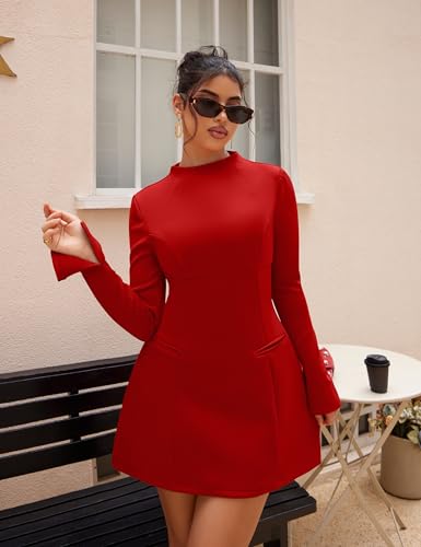 YMDUCH Women's Elegant Long Sleeve Mock Neck Backless A-line Party Mini Dress