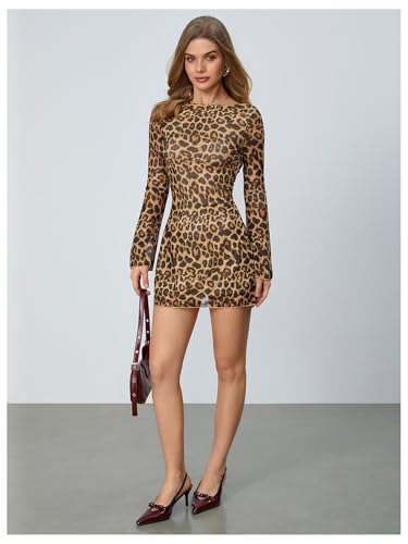 MakeMeChic Women's Cheetah Print Mini Dress Y2k Bell Sleeve Leopard Print Dress Going Out Outfits