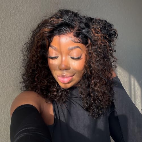 5x5 HD Lace Closure Wigs Human Hair 180% Density 1B/4 Highlight Bob Wig Human Hair Glueless Wigs Pre Plucked Short Curly Human Hair Wig Bleached Knots Ready to Wear (14inches)