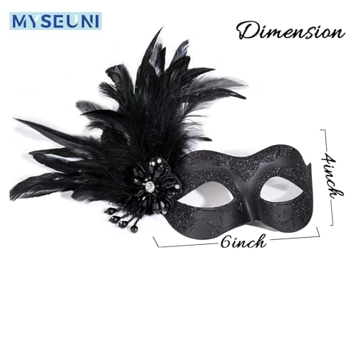 MYSEUNI 2025 New Black Masquerade Masks for Women with Feathers - Womens Mascarade Venetian Mask for Masquerade Party, Mar...