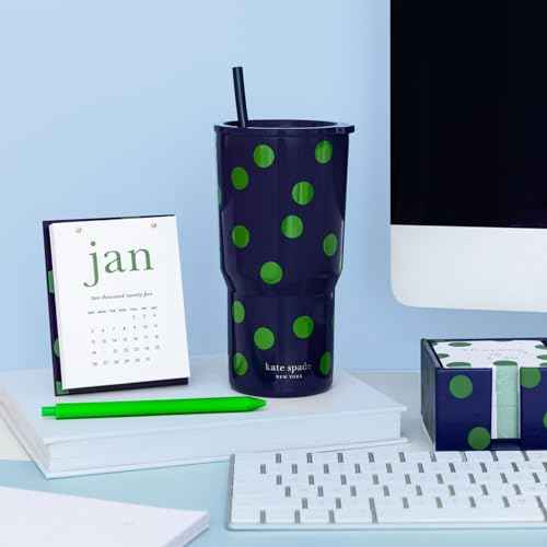 kate spade new york 20 Ounce Insulated Tumbler for Cold and Hot Drinks with Reusable Straw, Stainless Steel Travel Cup with Slide Top Lid, Sonnet Dot