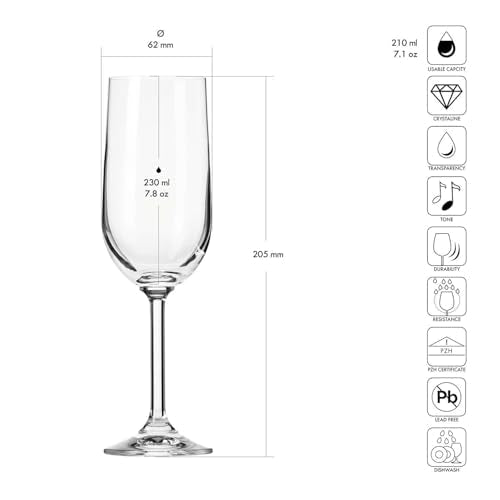 Krosno Champagne & Sparkling Wine Glasses GEMA | Classic Design | Set of 6 | 7.1 oz | Wide Bowl | Transparent | For Home, ...