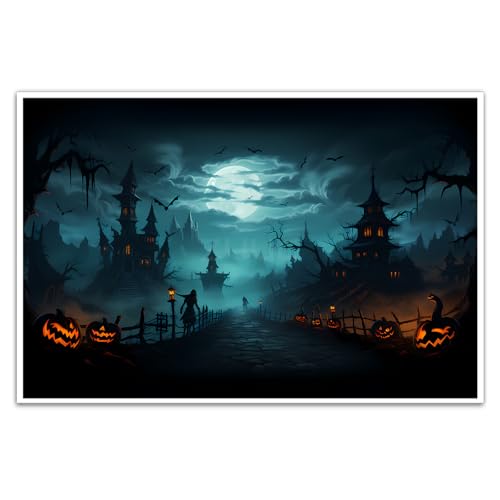 Fantasy horror Halloween canvas painting Gothic style fantasy dark haunted mansion wall decoration glowing pumpkin lantern twisted dead tree moonlight castle suitable for porch audio visual room
