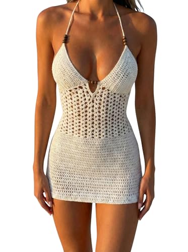 Women Crochet Halter Mini Dress Beach Cover Up