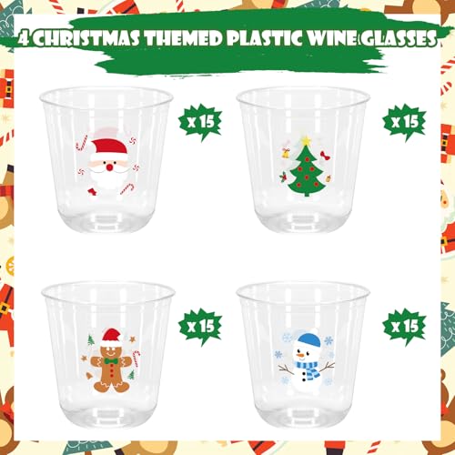 Whaline 60Pcs Christmas Plastic Cups 12 Oz Winter Snowman Gingerbread Man Santa Xmas tree Disposable Clear Stemless Wine C...