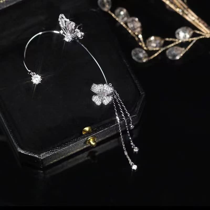 RIJXU 2 Pairs Dainty Silver Butterfly Ear Cuffs & Wraps for Women Non Piercing Bling Butterfly Tassel Style Zircon Earrings Ear Clips Bridal Wedding Jewelry (Silver)